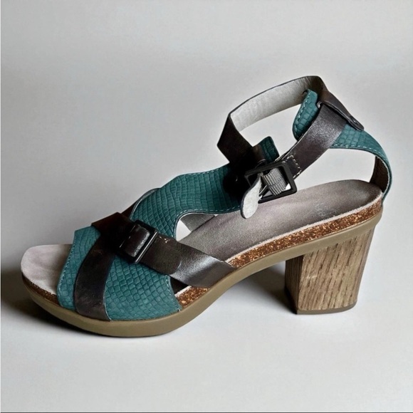 Dansko Dominique Block Heel Comfort Sandals Size 39 US 8.5-9 Boho Teal Gray EUC - Picture 1 of 15